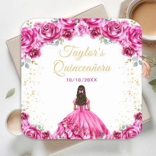 Heet Roze Prinses Bloemachtige Quinceañera Vierkante Kartonnen Onderzetter