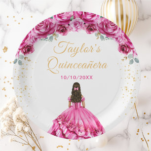 Heet Roze Prinses Bloemige Quinceañera Papieren Bordje