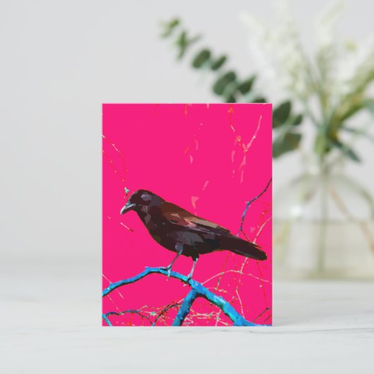 Heet Roze Raven Crow Briefkaart (Staand voorkant)