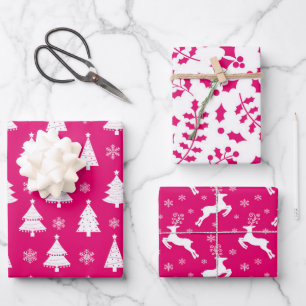 Heet Roze Rendieren, Kerstbomen en Hulst Inpakpapier Vel