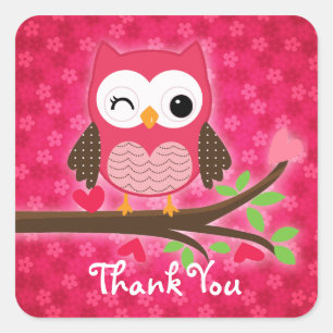 Heet roze Schattige Uil Girly Dank U Vierkante Sticker