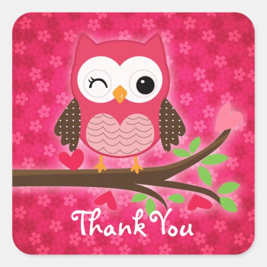 Heet roze Schattige Uil Girly Dank U Vierkante Sticker (Voorkant)