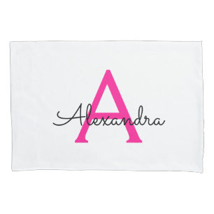 Heet Roze Script Girly Monogram Naam Kussensloop