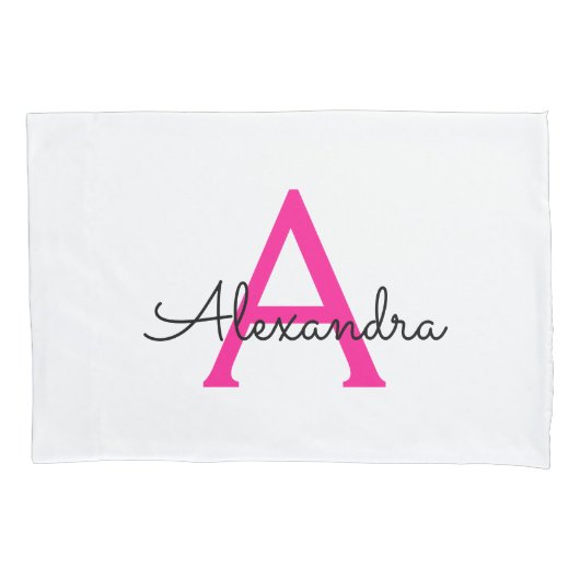 Heet Roze Script Girly Monogram Naam Kussensloop (Voorkant)