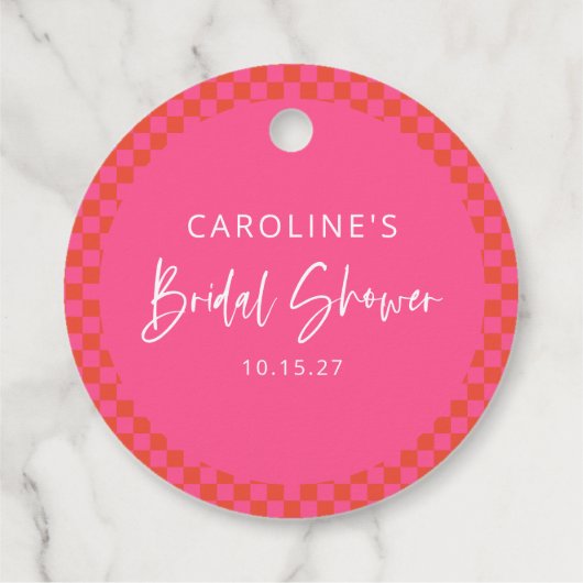 Heet Roze Sinaasappel Retro Checkerboard Vrijgezel Bedankjes Labels (Achterkant)
