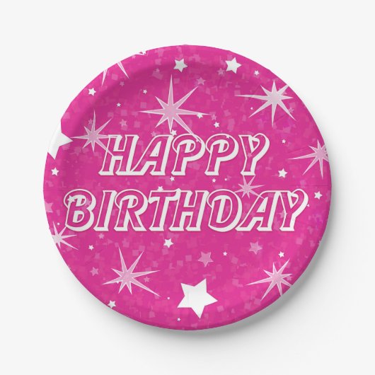 Heet Roze Sparkle Stars Gelukkig Verjaardagsfeest Papieren Bordje (Voorkant)
