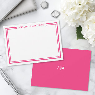 Heet Roze Twee Rand Minimalistische Naam Initiaal Notitiekaartje