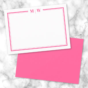 Heet Roze Twee Rand Naam Monogram Notitiekaartje