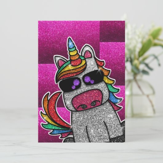 Heet Roze Verjaardagsfeestje Regenboog Glitter Een Kaart (Staand voorkant)