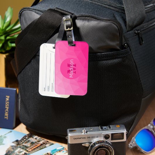 Heet roze verloop geometrisch meshpatroon monogram bagagelabel (Voorkant & Achterkant)