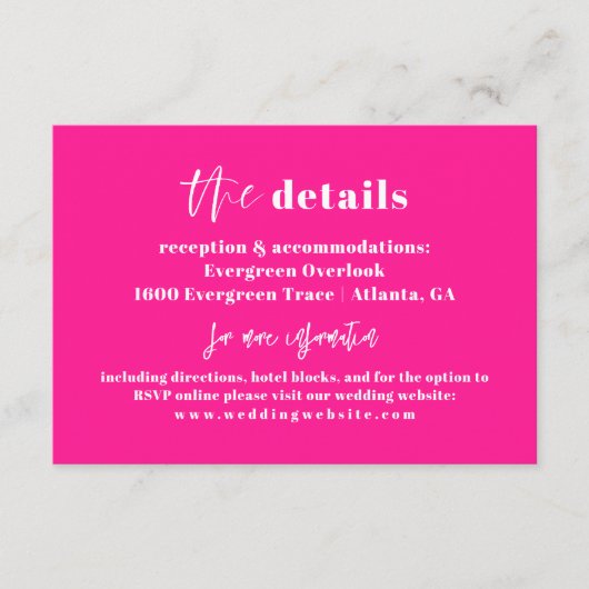 Heet Roze Vette Bruiloft Details Kaart (Voorkant)