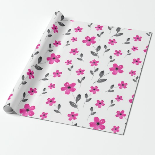 Heet Roze Vijf Petaal Waterverf Bloempatroon Cadeaupapier (Uitgerold)