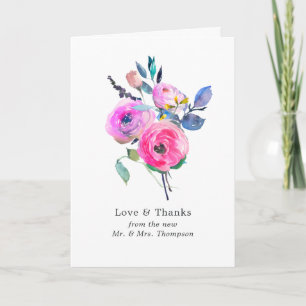 Heet-roze waterverf bloemen bruiloftsfoto bedankkaart