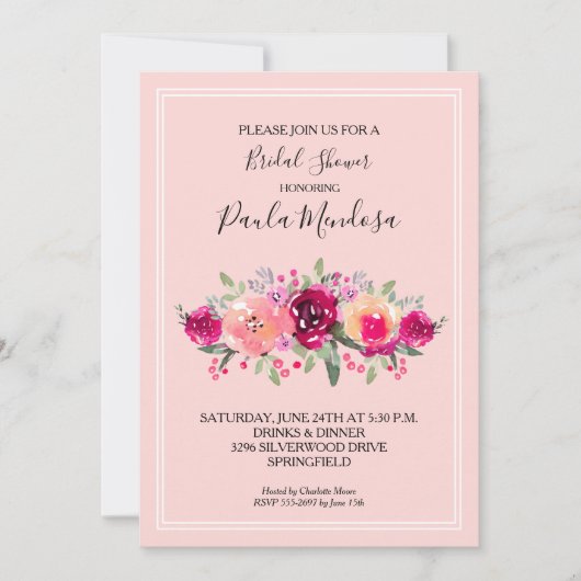 Heet Roze Waterverf Bloemen Vrijgezellenfeest Kaart (Voorkant)