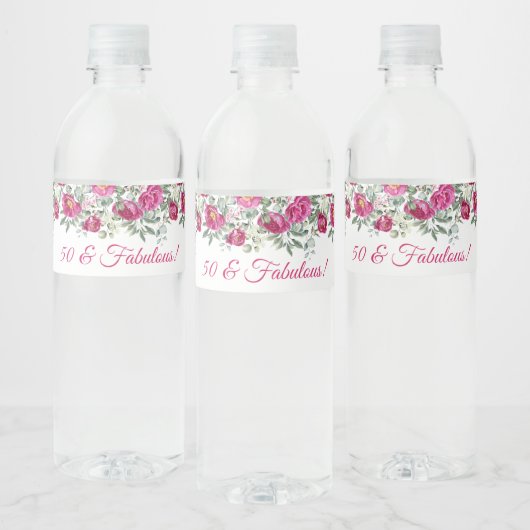 Heet Roze Waterverf Pioenen 50 & Fabulous Waterfles Etiket (Flessen)