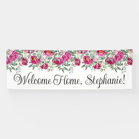 Heet Roze Waterverf Pioenrozen Welkom Thuis Lang Spandoek (Horizontaal)