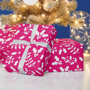 Heet Roze Winter Kerstmis Hulst Cadeaupapier