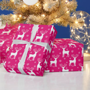 Heet Roze Winter Rendieren & Sneeuwvlokken Kerstmi Cadeaupapier