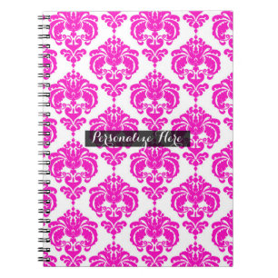Heet Roze Witte Damast Chic Modern Elegant Patroon Notitieboek
