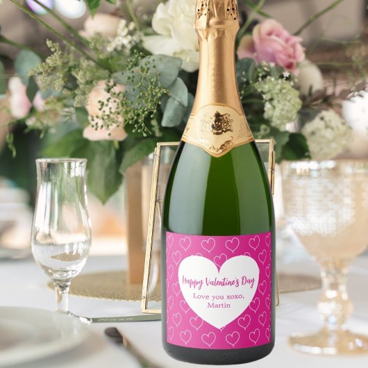 Heet roze witte harten Valentijnsdag Sparkling Wijnetiket