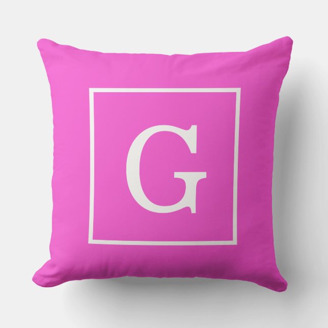 Heet Roze Witte Omlijst Initiaal Monogram Kussen (Voorkant)