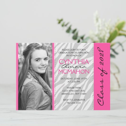 Heet Roze & Zebra Foto Afstuderen Kaart (Staand voorkant)