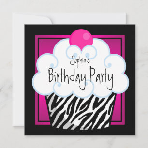 Heet Roze Zebra Meisjes Cupcake Verjaardagsfeestje Kaart
