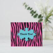 Heet roze zebra print met blauwe banner dank u briefkaart (Staand voorkant)