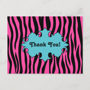 Heet roze zebra print met blauwe banner dank u briefkaart