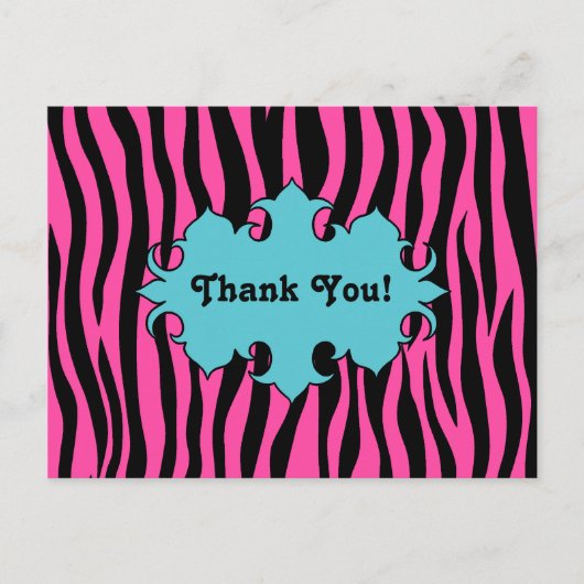 Heet roze zebra print met blauwe banner dank u briefkaart (Voorkant)