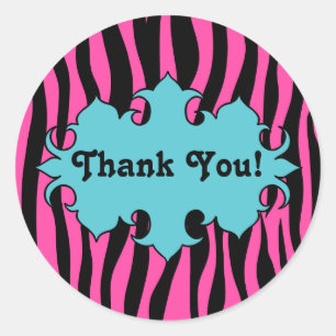 Heet roze zebra print met blauwe banner dank u ronde sticker