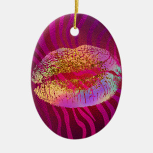 Heet Roze Zebra Regenboog Gouden Glitter Lippen Cu Keramisch Ornament