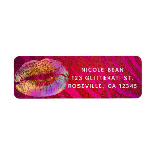 Heet Roze Zebra Regenboog Gouden Glitter Lippen Fe Etiket