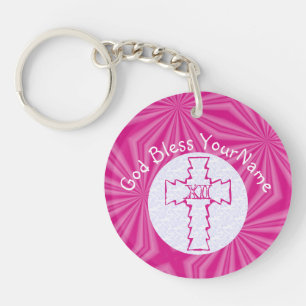 Heet roze zigzagkruis wit en helder roze sleutelhanger