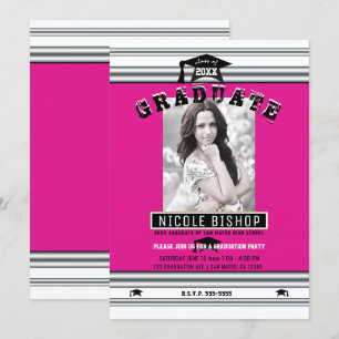 Heet Roze Zilver Elegante Foto Afstudeerfeest Kaart
