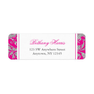 Heet Roze Zilver Glitter Swirl Damask Etiket