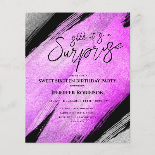 Heet Roze Zilveren Folie Verrassing Zoet 16 Invite (Voorkant)