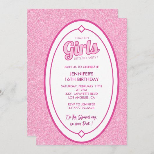 Heet roze zoet 16 uitnodiging Glow Meisjes (Voorkant / Achterkant)