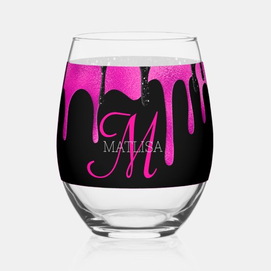 Heet Roze & Zwart Dripping Glitter Monogram Naam Wijnglas Zonder Voet (Voorkant)