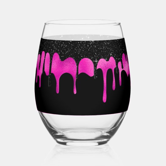 Heet Roze & Zwart Dripping Glitter Monogram Naam Wijnglas Zonder Voet (Achterkant)