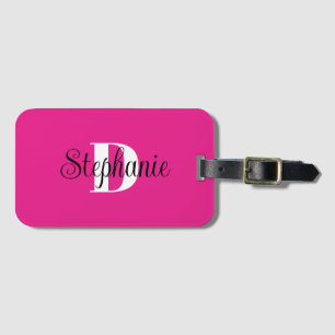 Heet roze zwart en wit modern monogram bagagelabel