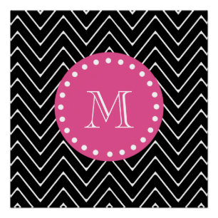 Heet roze, zwart en witte Chevron   Uw monogram Perfect Poster