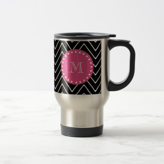 Heet roze, zwart en witte Chevron | Uw monogram Reisbeker (Rechts)