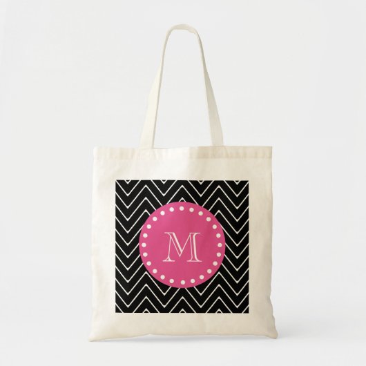 Heet roze, zwart en witte Chevron | Uw monogram Tote Bag (Voorkant)