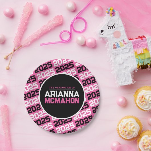 Heet Roze & Zwart Gepersonaliseerd Afstuderen Papieren Bordje (Feest)