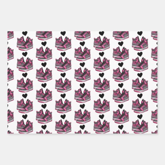 Heet Roze & Zwart Glitter Sneaker Bal Verjaardag Inpakpapier Vel (Voorkant 3)