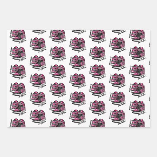 Heet Roze & Zwart Glitter Sneaker Bal Verjaardag Inpakpapier Vel (Voorkant)