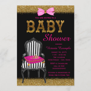 Heet Roze Zwart Gouden Prinses Stoel Baby Shower Kaart