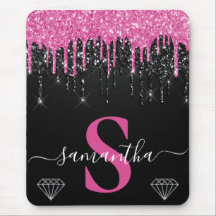 Heet Roze & Zwarte Druppelende Glitter Monogram Muismat