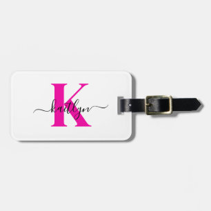 Heet Roze Zwarte Initiële Naam Monogram Bagagelabel
